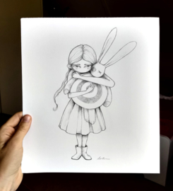 Meisje met Target Bunny - potlood tekening
