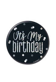 Button / rozet It's my birthday - glitz black silver
