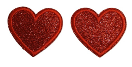 Embleem / applicatie Rood glimmend hartje - 2 stuks - 5 x 4,5 cm