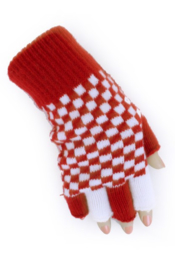 Handschoenen vingerloos brabants bont rood/wit geblokt