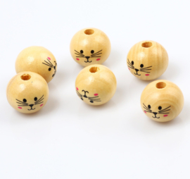 Uit assortiment | Blanke houten kralen | Rond met poezengezichtje | 5 stuks | 20 mm