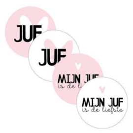 Stickers | juf en mijn juf is de liefste | roze met wit | 12 stuks