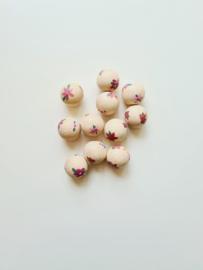 Houten kraal | Doll van Joyce | 2 stuks | Roze bloemetjes