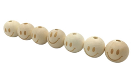 Blanke houten kralen | Rond met smiley | 5 stuks | 20 mm