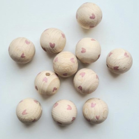 Houten kraal | Doll van Joyce | 2 stuks | Blank met roze hartjes