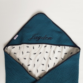 Omslagdoek Tricot Veertjes Zwart/Gebroken Wit/Wafel Petrol