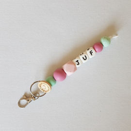 Sleutelhanger / Tassenhanger Juf Roze/Mint