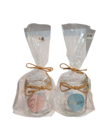 Waxineglaasje met stickertekst juf of meester