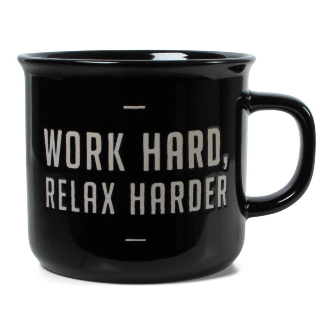 retro mok zwart  work hard, relax harder