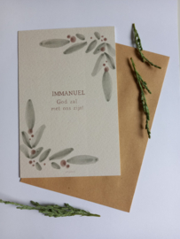 Kerstkaart Immanuel God zal met ons zijn met aquarel takjes
