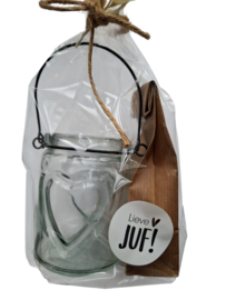 Glazen waxinelichtje met waxkaars voor juf