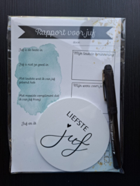 Rapport voor juf of meester met onderzetter en pen