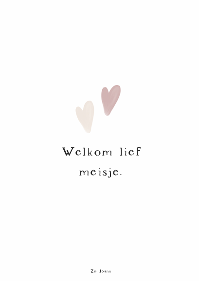 Kaart - 'Welkom lief meisje' met hartjes