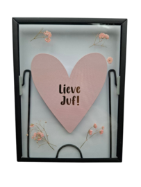 Metalen lijstje met kaart lieve juf in glas