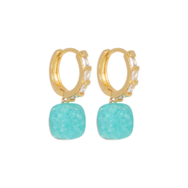 Gold Zirconia earring with turquoise cube