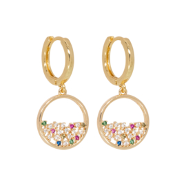 Gold earring with multi color Zirconia ope coin