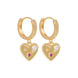 Gold earring with multi color Zirkonia heart