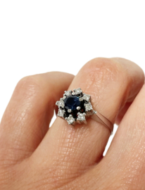 14 Karaat Witgouden Rozet Ring Saffier / Briljant Geslepen Diamant