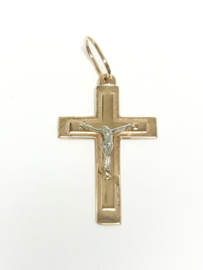 14 K Rosé Gouden Hanger Kruis Met Jezus Figuur (Witgoud) - 3,7 cm