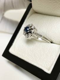 14 K Witgouden Rozet Ring Saffier / Briljant Geslepen Diamant
