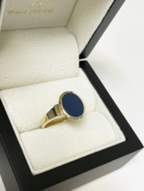 14 K Massief Gouden Dames Zegelring Model Ovaal Blauwlagen Steen