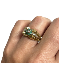 Vintage 18 Karaat Bicolor Fantasie Ring Briljant Geslepen Diamant / Smaragd