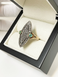 Handvervaardigd Antiek 12 Karaat Markies Ring Diamant / Smaragd