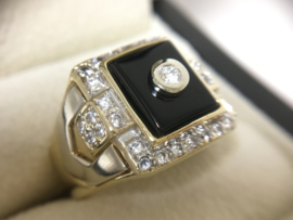 14 K Bicolor Gouden Heren Ring Onyx / Briljantgeslepen Zirkonia - 14,1 g