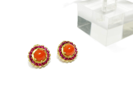 Antiek 18 K Gouden Rozet Oorstekers Cabochon Bloedkoraal / Robijn