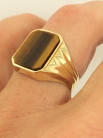 14 K Gouden Zegelring Tijgeroog (8-Kant)
