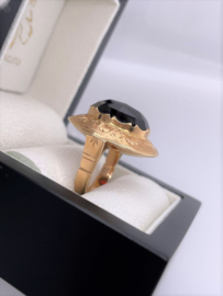 Grote 14 Karaat Antiek Gouden Gravé Ring Facet Geslepen Granaat - 10 g