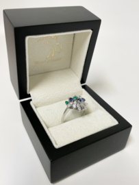 14 K Witgouden Cocktail Ring Briljant Geslepen Diamant Saffier Smaragd
