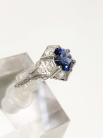 Art Deco 14 K Handvervaardigd Antiek Witgouden Ring Saffier Diamant
