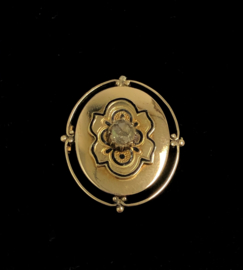 14 K Antiek Gouden Broche Emaille / Roosgeslepen Diamant