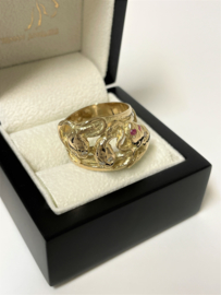 Grote Zware Heren Ring Slangen Briljantgeslepen Diamant / Robijn - 16 g