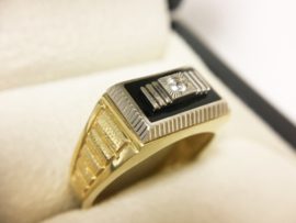 14 K Bicolor Gouden Heren Ring Onyx / Briljantgeslepen Zirkonia - 7,7 g