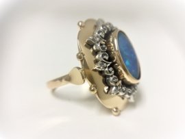 Antiek Gouden Ring Blauw Groene Peacock Australische Opaal / Roosdiamant