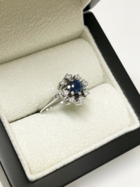14 K Witgouden Rozet Ring Saffier / Briljant Geslepen Diamant