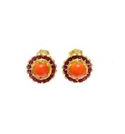 Antiek 18 K Gouden Rozet Oorstekers Cabochon Bloedkoraal / Robijn