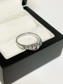 14 K Witgouden Bijzet Ring Briljant Geslepen Diamant / Smaragd