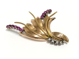 14 K Antiek Gouden Broche Jaren '20 - Robijn / Diamant
