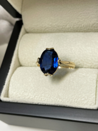 Antiek Handgemaakt 14 K Gouden Ring Ovaal Geslepen Blauw Saffier