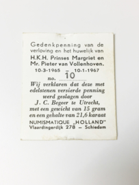 21,6 K Gouden Penning Met Diamant - Huwelijk Prinses Margriet / P. van Vollenhoven