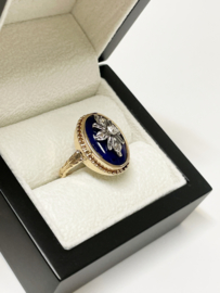 Antiek 14 K Gouden Ring Blauw Glas / Roos Geslepen Diamant