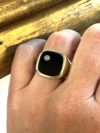 14 K Gouden Heren Zegelring Onyx / Briljant Geslepen Diamant - 11,1 g