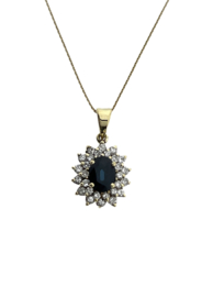 14 Karaat Gouden Entourage Hanger ca 0.35 ct Briljant Geslepen Diamant / Ovaal Gefacetteerd Saffier