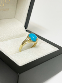 Vintage 14 K Gouden Dames Ring Cabochon Blauwe Ovaal Turkoois