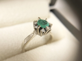 Antiek 14 K Witgouden Rozet Ring Natuurlijk Smaragd / Diamant