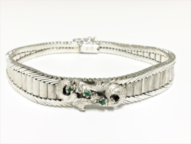 18 K Witgouden Fantasie Schakel Armband Diamant / Smaragd - 18,5 cm / 28,6 g
