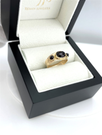 Antiek 14 K Gouden Ring Gefacetteerd Granaat / Handgravure